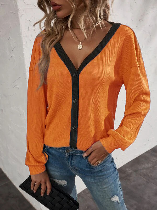 New Women's Top Waffle Long Sleeve Cardigan T-shirt