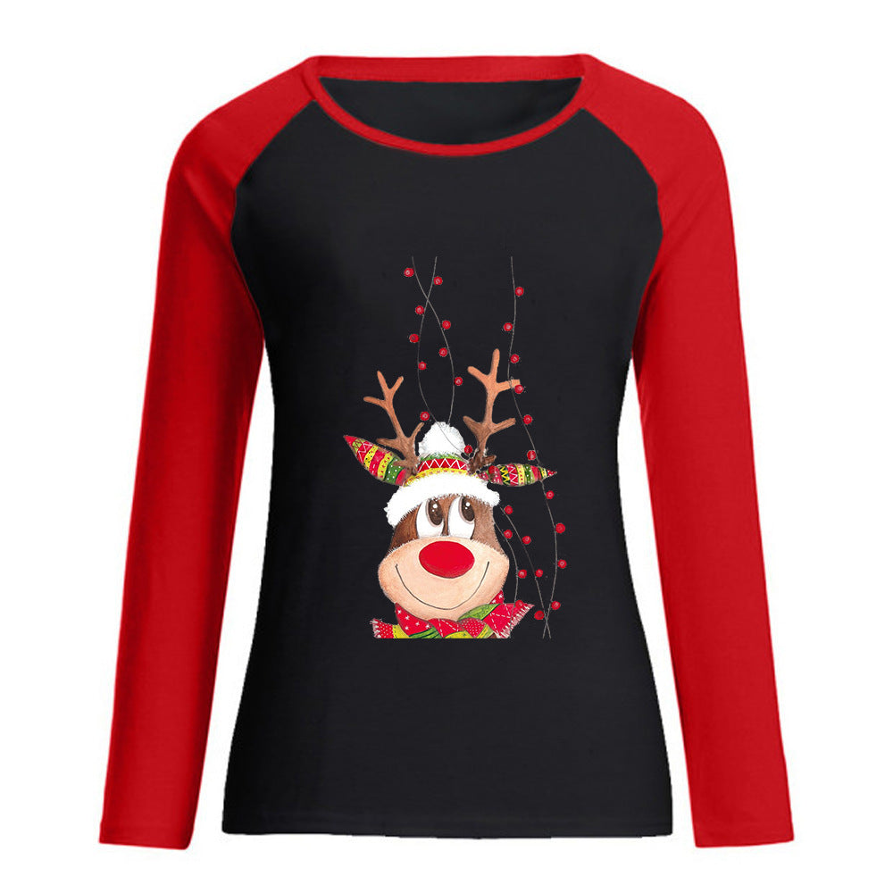 New Women's Loose Round Neck Christmas Deer Printed Raglan Sweet Long Sleeve T-shirt