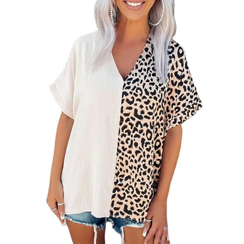 Border Springsummer Style Leopard Splicing Pullover V-neck Short Sleeve Casual Women's T-shirt