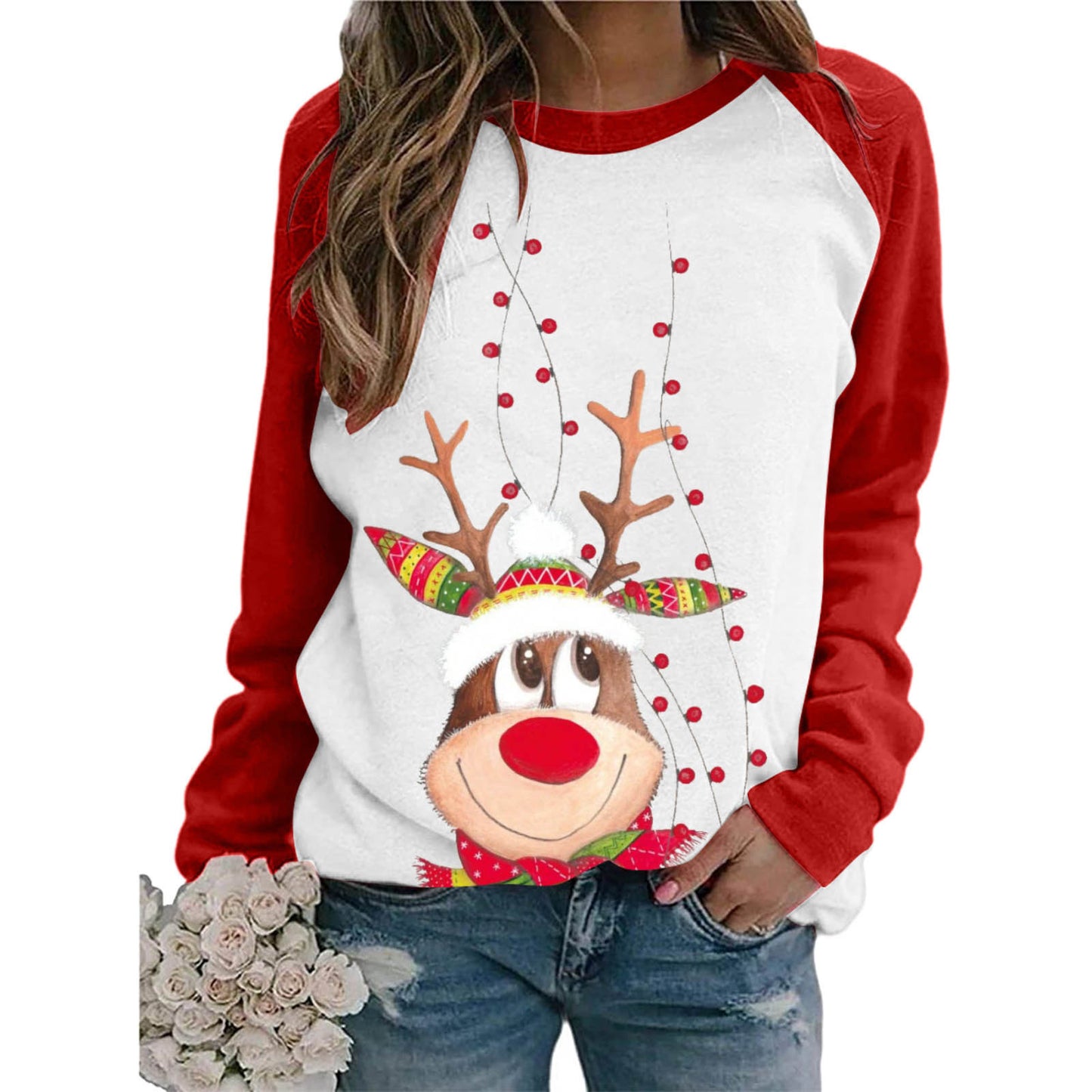 New Women's Loose Round Neck Christmas Deer Printed Raglan Sweet Long Sleeve T-shirt