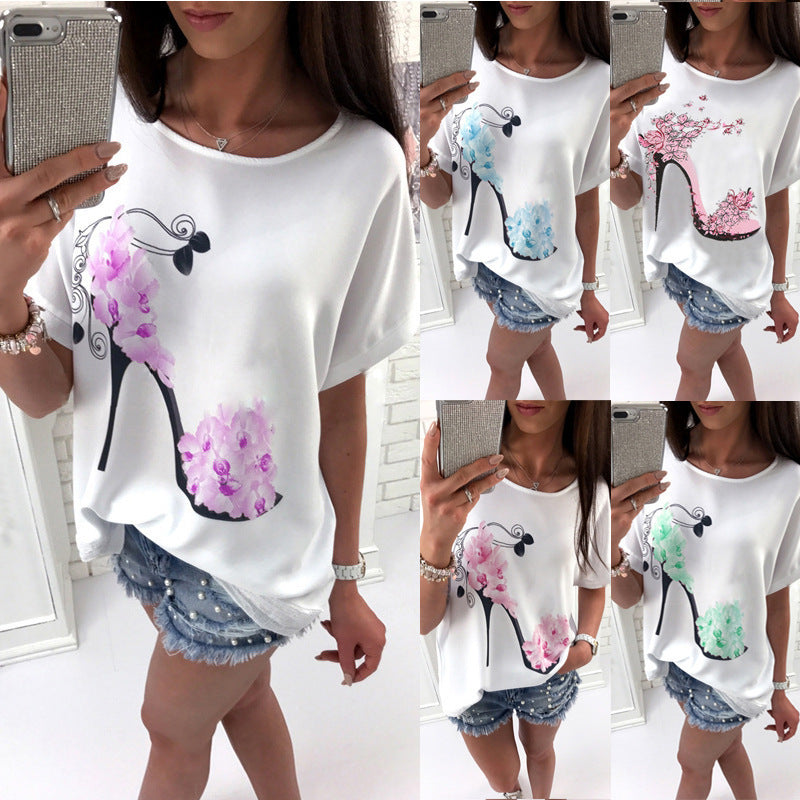 European And American Ladies High Heels Printed Loose Short Sleeve T-shirt