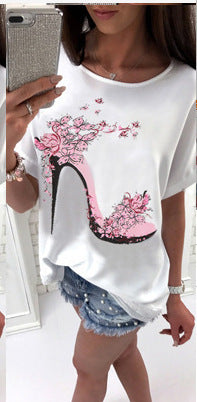 European And American Ladies High Heels Printed Loose Short Sleeve T-shirt