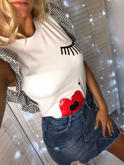 New Summer  Fashion Printed Mouth Lip Print Eyelash Round Neck Top Women's T-shirt