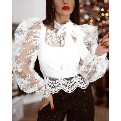 Mesh Hollow Bubble Sleeve Lace Shirt