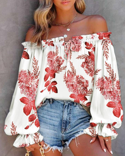 Women's Printed Ruffle Collar Off-the-shoulder Shirt