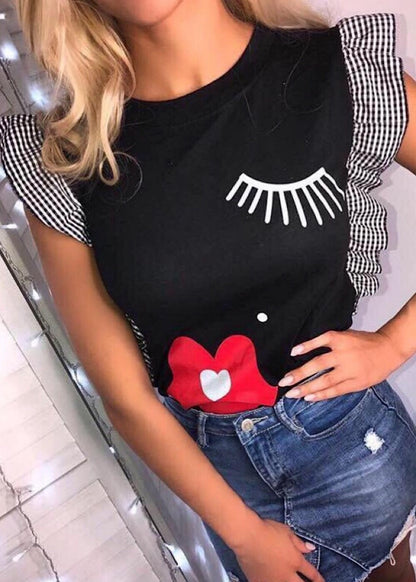 New Summer  Fashion Printed Mouth Lip Print Eyelash Round Neck Top Women's T-shirt