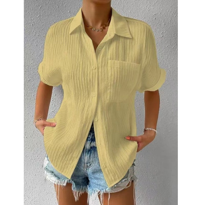 Women's Pure Color Comfort Casual Polo Collar Pocket Short Sleeve Shirt