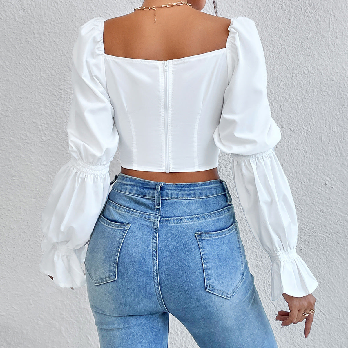 Pure White Long Sleeve Shirt With Lace Up Front And Zippered Back