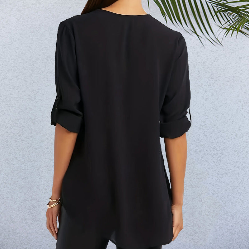 V-neck Rhinestone Casual Loose Women's Wear Rollable Sleeves Top