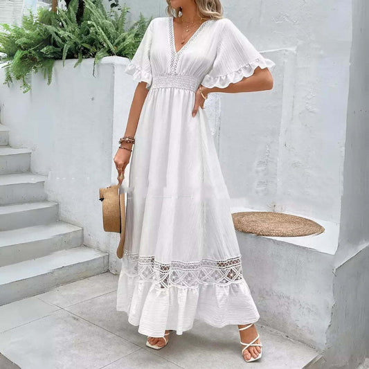 European And American Stitching Lace Fashion V-neck Solid Color Dress