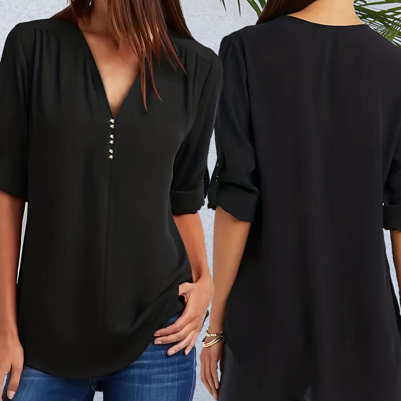 V-neck Rhinestone Casual Loose Women's Wear Rollable Sleeves Top