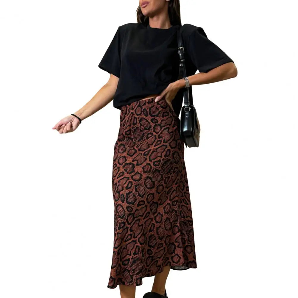 Women Midi Skirt High Waist A Line Leopard Print Bottom Loose Fit Mid-calf Length Skirt Women Elegant Office Slim Zipper Skirt