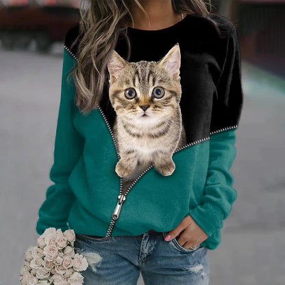 Women's Cat Zipper Digital Printed Round Neck Long-sleeved Sweater