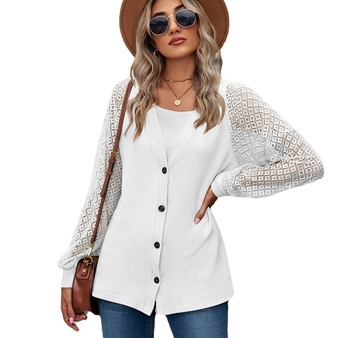 European And American Autumn And Winter Long Sleeve Solid Color Loose Button Lace Stitching Cardigan Top Women