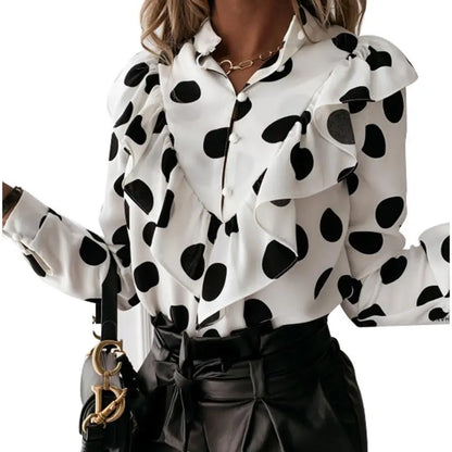 Casual Long Sleeve Leopard Dot Print Ruffles Chiffon Blouse Women Loose Shirt Elegant Office Lady V Neck Tops and Blouses