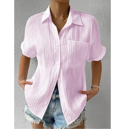 Women's Pure Color Comfort Casual Polo Collar Pocket Short Sleeve Shirt