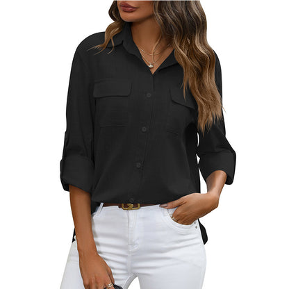 European And American Style Women Button Loose Shirt Solid Color Casual