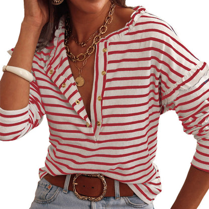 Women's Striped Top Long-sleeve Button