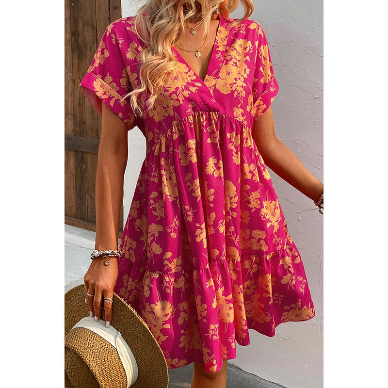 New Floral Print Short Sleeve Dress Women