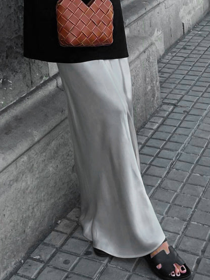 Gray Satin Satin High Waist Fishtail Skirt Long Skir