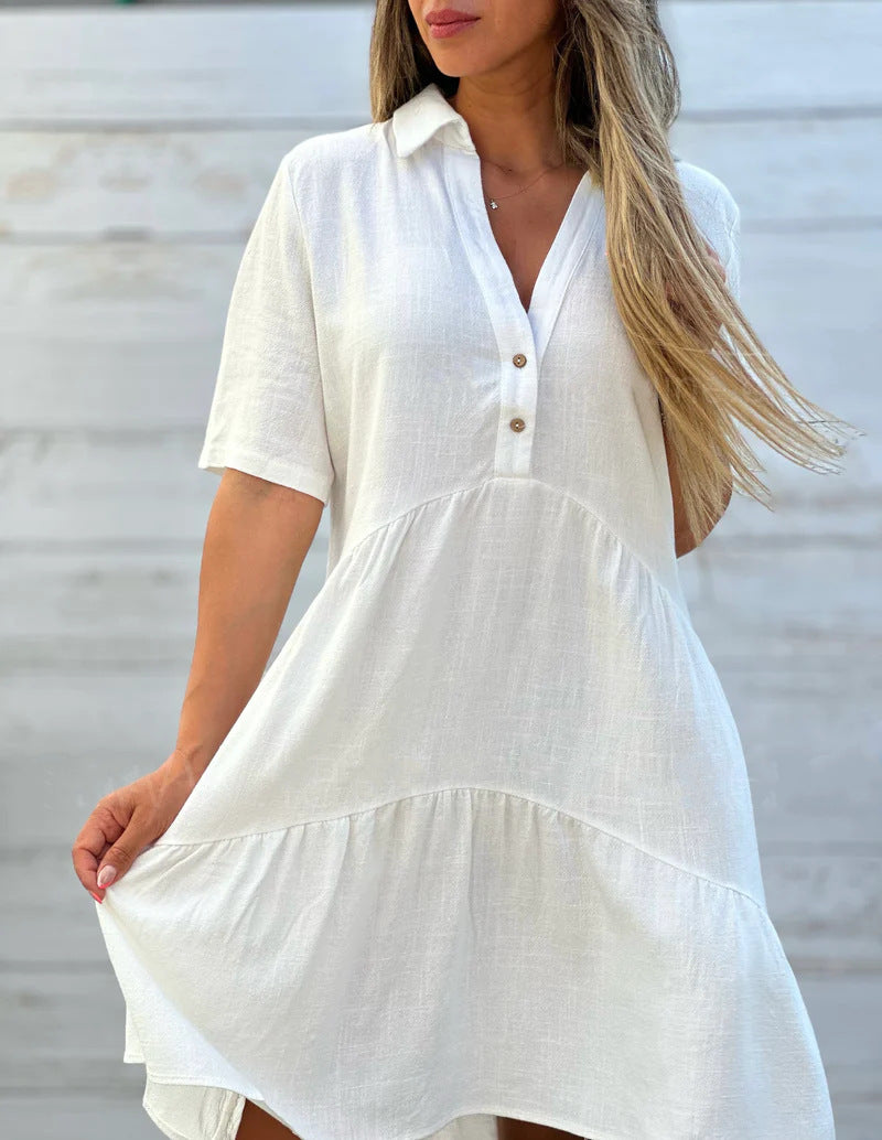 Women's Fashion Loose Solid Color Polo Collar Casual Short Sleeve Cotton Linen Dress