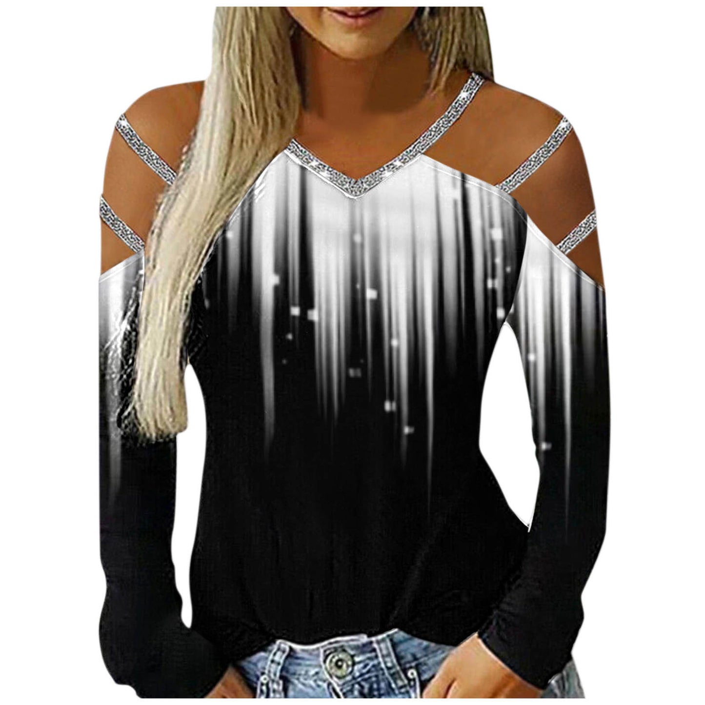 Ladies Casual V-Neck Printed Cutout Off Shoulder Long Sleeve T-Shirt