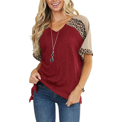 New Leopard Splicing Loose Casual Short Sleeve T-shirt Top Women