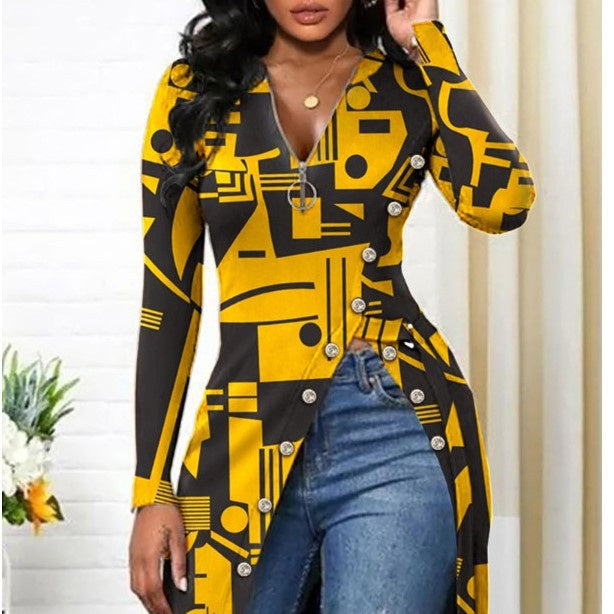 European And American V-neck Long Sleeve High Slit Printed T-shirt