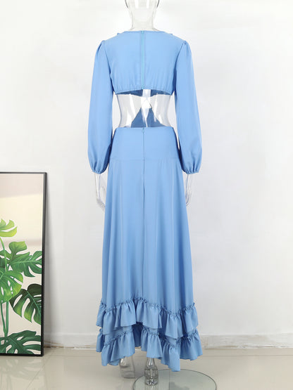 Pure Blue Deep V-neck Midriff Outfit Women's Long Sleeve Long Dress