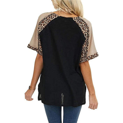 New Leopard Splicing Loose Casual Short Sleeve T-shirt Top Women