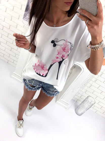 European And American Ladies High Heels Printed Loose Short Sleeve T-shirt