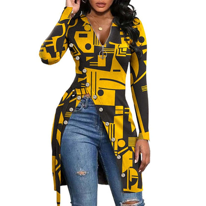 European And American V-neck Long Sleeve High Slit Printed T-shirt