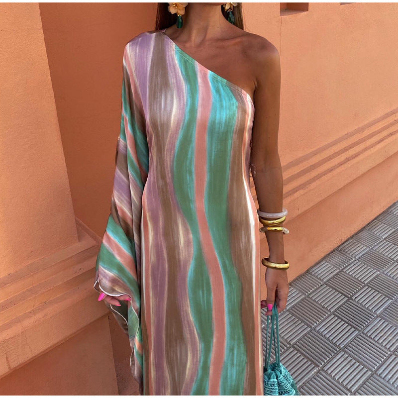 Women's Striped Color Matching Shoulder Dress