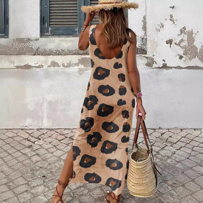 Leopard Print Sleeveless Dress Women'sSplit Backless Loose Vest Dress