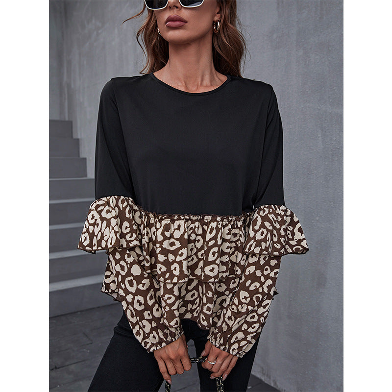 Women's Round Neck Women's Top Black Panel Leopard Print Long Sleeve Coat