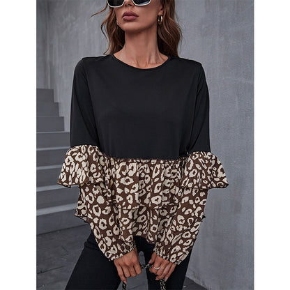 Women's Round Neck Women's Top Black Panel Leopard Print Long Sleeve Coat