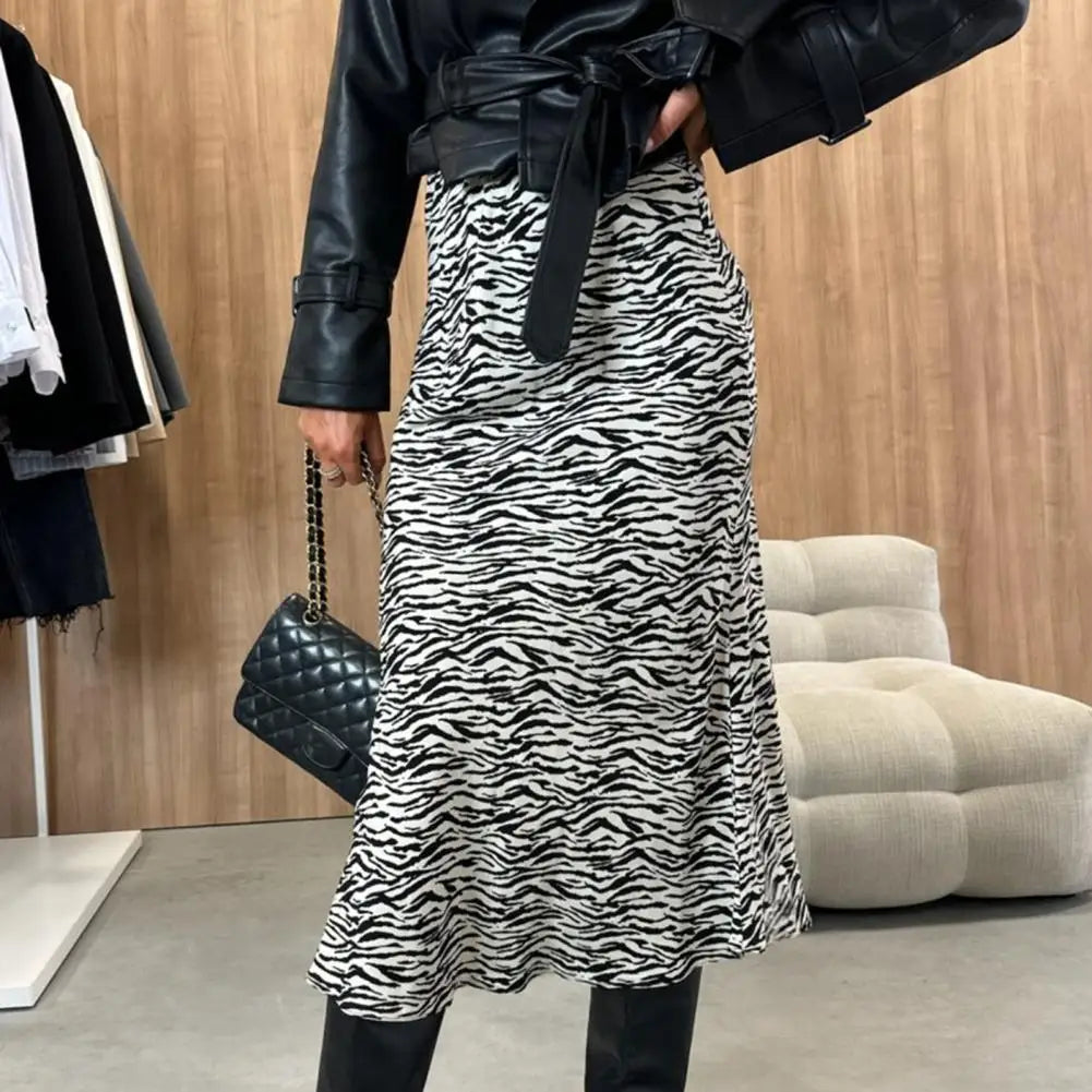 Women Midi Skirt High Waist A Line Leopard Print Bottom Loose Fit Mid-calf Length Skirt Women Elegant Office Slim Zipper Skirt