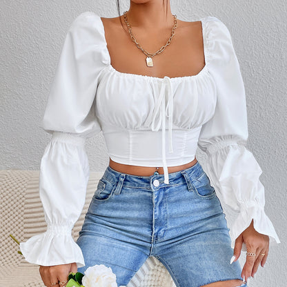 Pure White Long Sleeve Shirt With Lace Up Front And Zippered Back