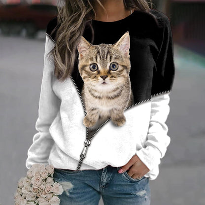 Women's Cat Zipper Digital Printed Round Neck Long-sleeved Sweater