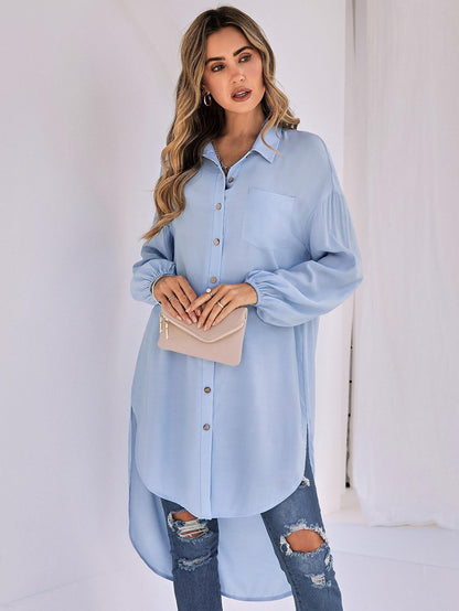 New Women's Casual Solid Color Loose Long Lapel Shirt