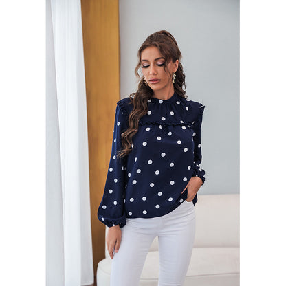 Stand-up Collar Shirt Loose Polka Dot French Shirt Bishop Sleeves Top