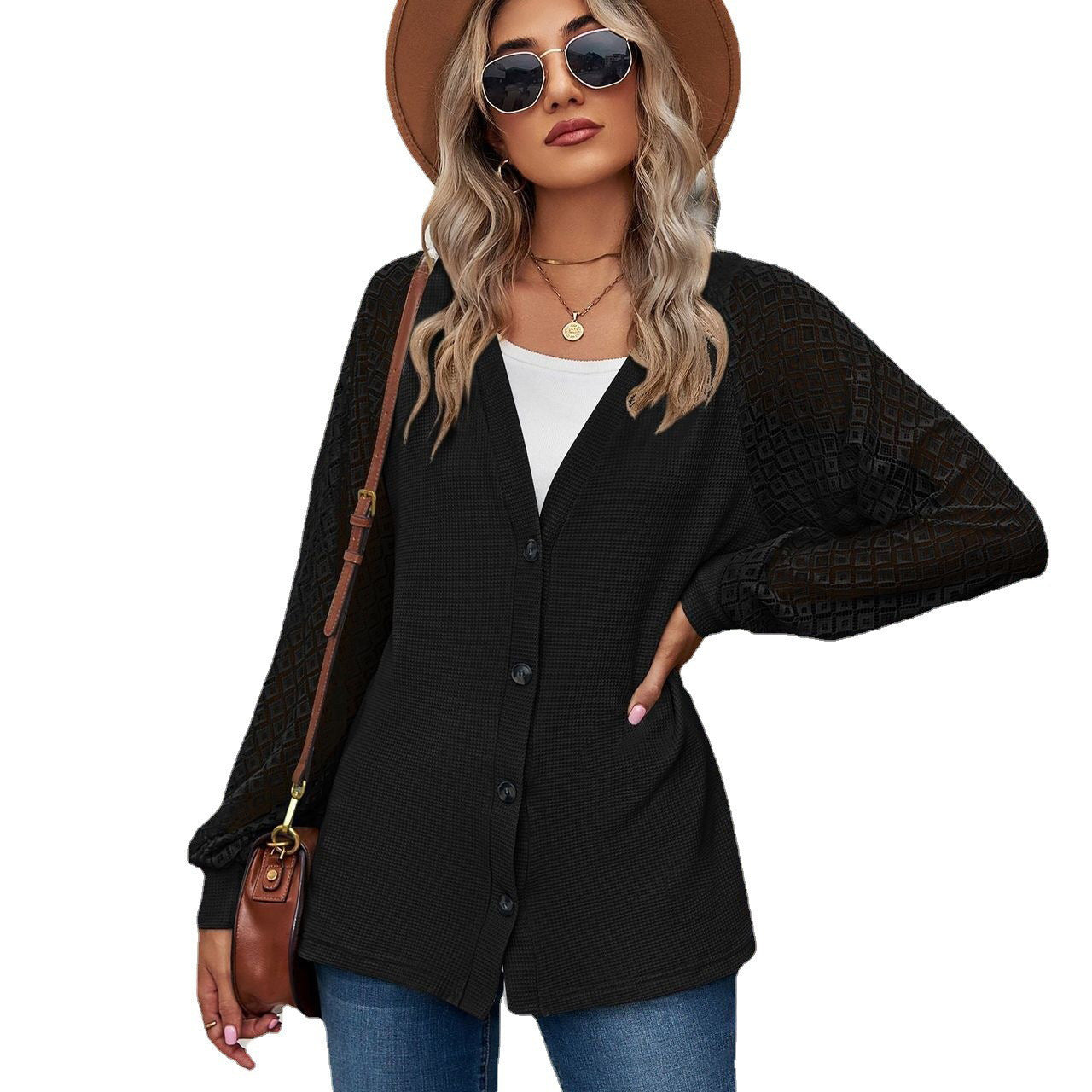 European And American Autumn And Winter Long Sleeve Solid Color Loose Button Lace Stitching Cardigan Top Women