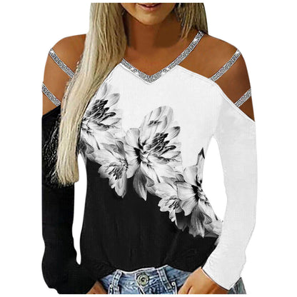 Ladies Casual V-Neck Printed Cutout Off Shoulder Long Sleeve T-Shirt