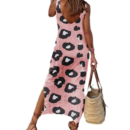 Leopard Print Sleeveless Dress Women'sSplit Backless Loose Vest Dress