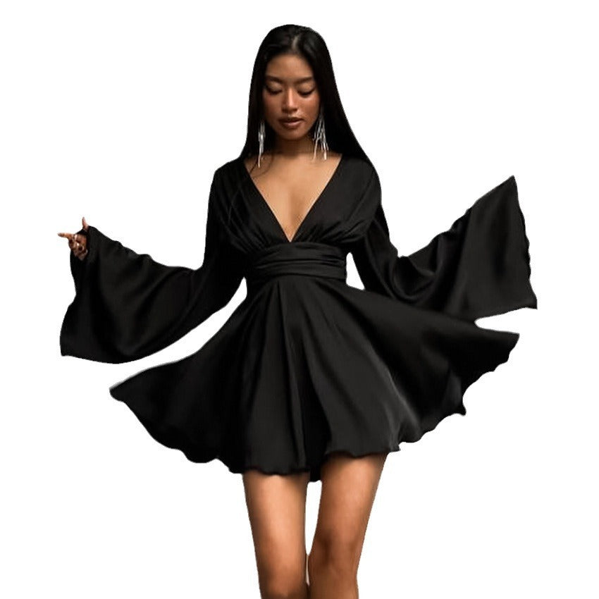 Satin Black V-neck Bell Sleeve Slim Fit Dress