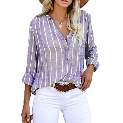 Striped Shirt Loose Single Breasted Long Sleeve Top Women's