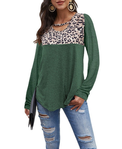 Ladies T-Shirt Crew Neck Leopard Print Panel Long Sleeve Loose Top