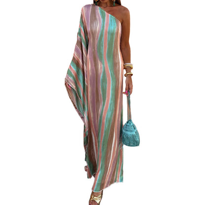 Women's Striped Color Matching Shoulder Dress