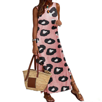 Leopard Print Sleeveless Dress Women'sSplit Backless Loose Vest Dress