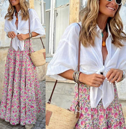 Printed Long With Large Swing Vacation Skirt